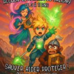 Affiche illustrée et colorée pour l'accueil de loisirs de Saligny, destinée aux enfants de 3 à 11 ans, à l'occasion des vacances de février 2026. L'univers graphique est fantastique et héroïque, mettant en scène des enfants héros incarnant les valeurs de sauver, aider et protéger. On y voit un jeune aventurier lançant une énergie lumineuse, accompagné d'une musicienne magique et d'un compagnon protecteur, symbolisant la solidarité, le courage, l'entraide et la protection. Cette affiche évoque un centre de loisirs éducatif, citoyenne, le vivre-ensemble et le développement des compétences des enfants pendant les vacances scolaires.